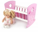 Puppenwiege aus Holz - PINK - Puppenbett mit Bettwäsche + Stoffpuppe "Prinzessin"