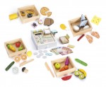 Holzspielset - 5 in 1 - Ein Set mit Lebensmitteln für Kinder + Registrierkasse mit Zubehör