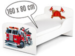 Holzbett für Kinder 160x80 cm – Weißes Funktionsbett Komplett-Set mit Matratze UV-Druck: FEUERWEHR
