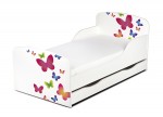Weiß Einzelbett aus Holz - Schmetterlinge - Kinderbett mit Schubladen und Matratze + Lattenrost (140/70 cm)