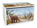 Holz Kinderbank auf Rädern - Dinosaurier Jurassic- weiße Spielzeugkiste mit Stauraum
