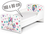 Holzbett für Kinder 160x80 cm – Weißes Funktionsbett Komplett-Set mit Matratze UV-Druck: EINHORN