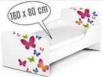 Holzbett für Kinder 160x80 cm – Weißes Funktionsbett Komplett-Set mit Matratze UV-Druck: SCHMETTERLINGE