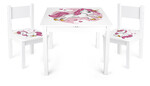 Weiß Kindertisch und 2 Stühle - YETI - Holz Sitzgruppe für Kinder - UV-Druck: Rosa Einhorn 