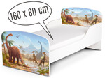 Holzbett für Kinder 160x80 cm – Weißes Funktionsbett Komplett-Set mit Matratze UV-Druck: JURASSIC WORLD