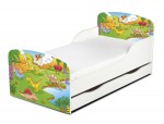  Weiß Einzelbett aus Holz - Dinosaurier - Kinderbett mit Schubladen und Matratze + Lattenrost (140/70 cm)