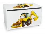 Holz Kinderbank auf Rädern - Herr Bagger - weiße Spielzeugkiste mit Stauraum