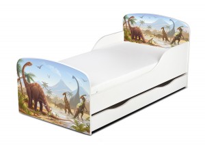Weiß Einzelbett aus Holz - Dinosaurier Jurassic - Kinderbett mit Schubladen und Matratze + Lattenrost (140/70 cm)