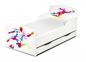 Weiß Einzelbett aus Holz - Football - Kinderbett mit Schubladen und Matratze + Lattenrost (140/70 cm)