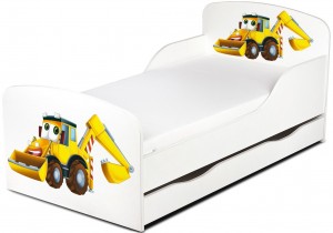 Weiß Einzelbett aus Holz - Herr Bagger - Kinderbett mit Schubladen und Matratze + Lattenrost (140/70 cm)