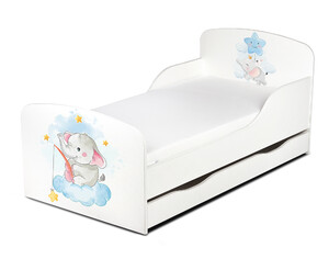  Weiß Einzelbett aus Holz - Baby Elephant - Kinderbett mit Schubladen und Matratze + Lattenrost (140/70 cm) 