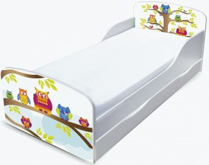 Weiß Einzelbett aus Holz - Eulen - Kinderbett mit Schubladen und Matratze + Lattenrost (140/70 cm)