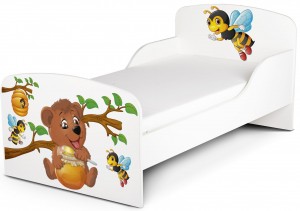  Holz Funktionsbett für Kinder - Bienen und Teddybär - Kinderbett mit Matratze und Lattenrost (140/70 cm)