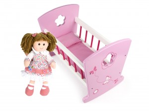 Puppenwiege aus Holz - PINK - Puppenbett mit Bettwäsche + Stoffpuppe 