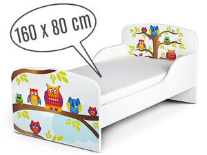 Holzbett für Kinder 160x80 cm – Weißes Funktionsbett Komplett-Set mit Matratze UV-Druck: EULEN
