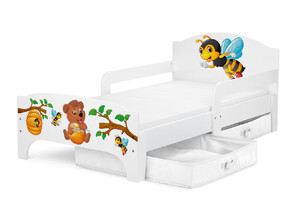 SMART Kinderbett aus Holz - Tiere Fass Honig - Einzelbett mit Schubladen und Matratze (140/70 cm)