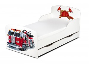  Weiß Einzelbett aus Holz - Feuerwehrauto - Kinderbett mit Schubladen und Matratze + Lattenrost (140/70 cm)