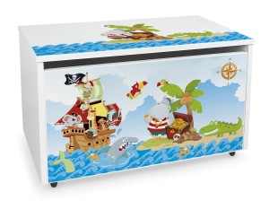 Holz Kinderbank auf Rädern - Piraten - weiße Spielzeugkiste mit Stauraum