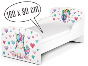 Holzbett für Kinder 160x80 cm – Weißes Funktionsbett Komplett-Set mit Matratze UV-Druck: EINHORN