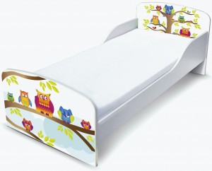 Holz Funktionsbett für Kinder - Eulen - Kinderbett mit Matratze und Lattenrost (140/70 cm)