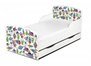 Weiß Einzelbett aus Holz - UFO - Kinderbett mit Schubladen und Matratze + Lattenrost (140/70 cm)