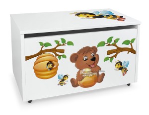 Holz Kinderbank auf Rädern - Bär und Bienen - weiße Spielzeugkiste mit Stauraum
