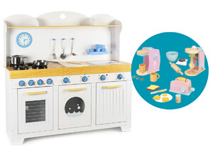 Holzküche für Kinder - Saint Tropez mit Rosa Haushaltsgeräte-Set: Mixer, Kaffeemaschine, Toaster 