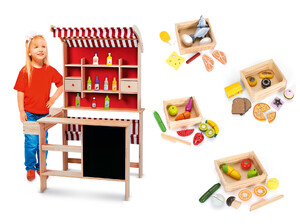 Holz Kaufladen - Supermarkt - Marktstand für Kinder mit Zubehör + 4 Holzkisten mit Lebensmitteln