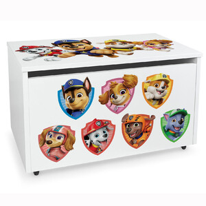 Holz weiße Kinderbank auf Rädern - Spielzeugkiste mit Stauraum UV-Druck: Paw Patrol 02