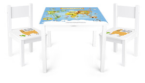 Weiß Kindertisch und 2 Stühle - YETI - Holzsitzgruppe für Kinder, Thema: Weltkarte
