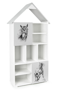  Bücherregal aus Holz - Pferd -  Kinderregal mit 10 Zwischenwand (Weiß und Grau) 