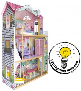 Holz Puppenhaus mit Aufzug - Doll Aparthouse - Rosa Traumvilla mit Terrasse +  LED