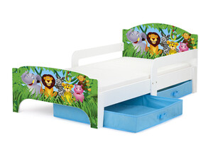 SMART Kinderbett aus Holz - Tiere - Einzelbett mit Schubladen und Matratze (140/70 cm)
