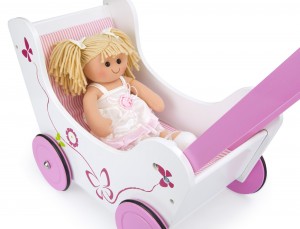 Puppenwagen Lauflernwagen Aus Holz - Pink  + Stoffpuppe "Prinzessin"