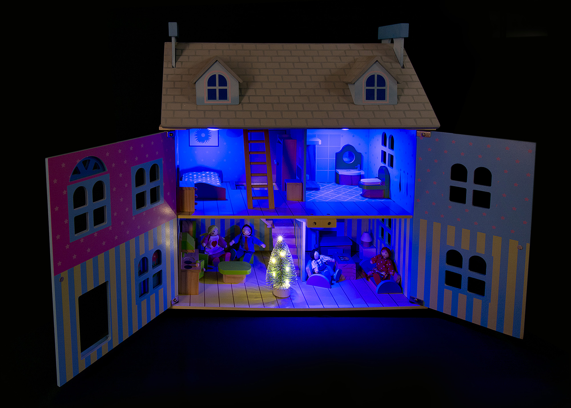 Schönes Puppenhaus aus Holz mit RGB-LED-Beleuchtung + 2 Puppen