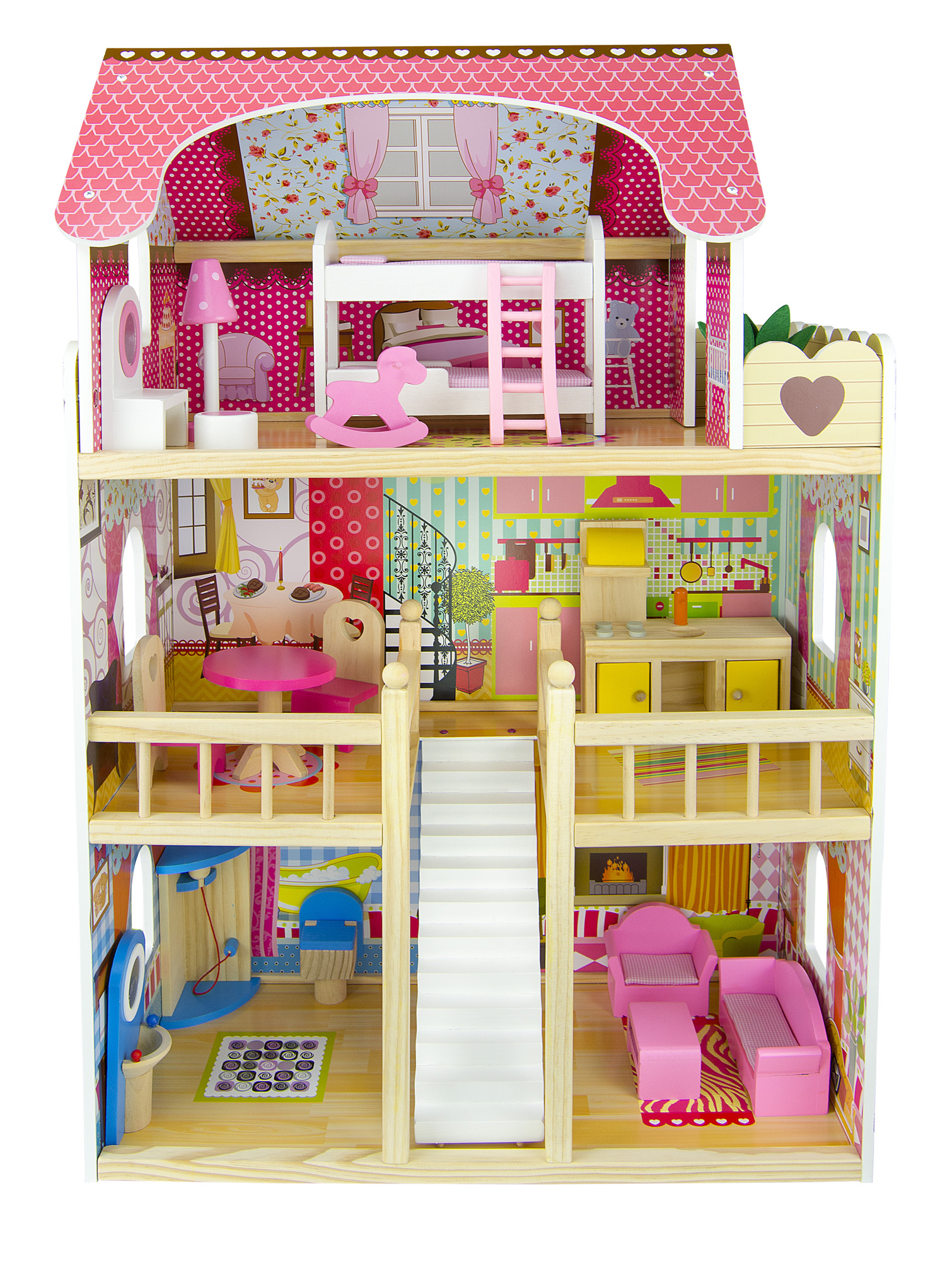 Holz Puppenhaus - Meine Residenz - mit Möbeln und Zubehör + LED