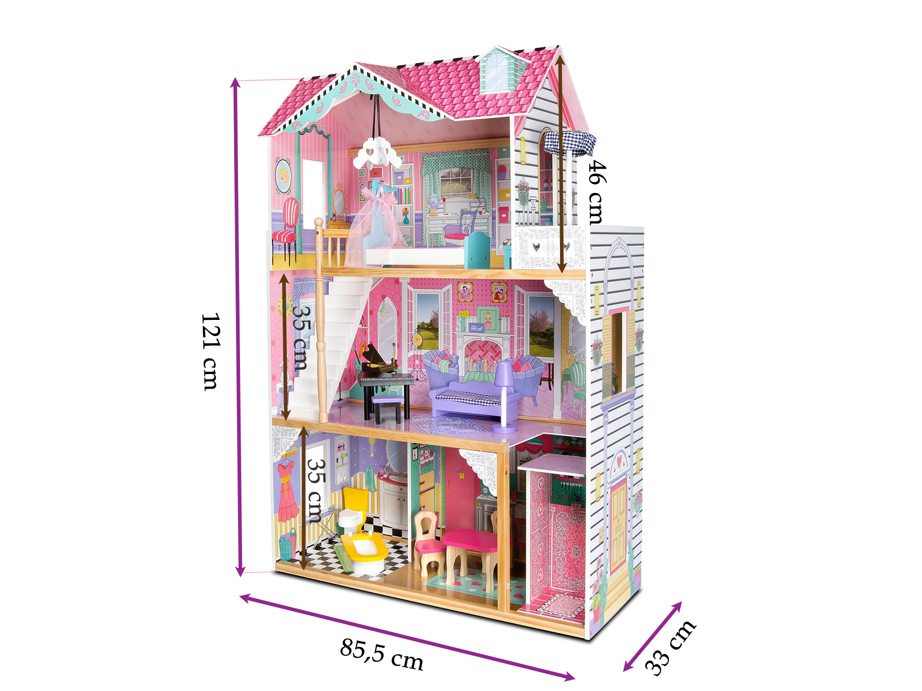 Holz Puppenhaus mit Aufzug - Doll Aparthouse - Rosa Traumvilla mit